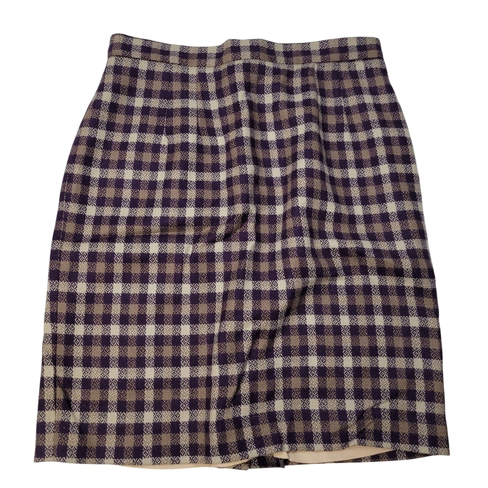 Talbots Plaid Wool Blend Lined Knee Length Skirt Women Size 14 Purple Tan